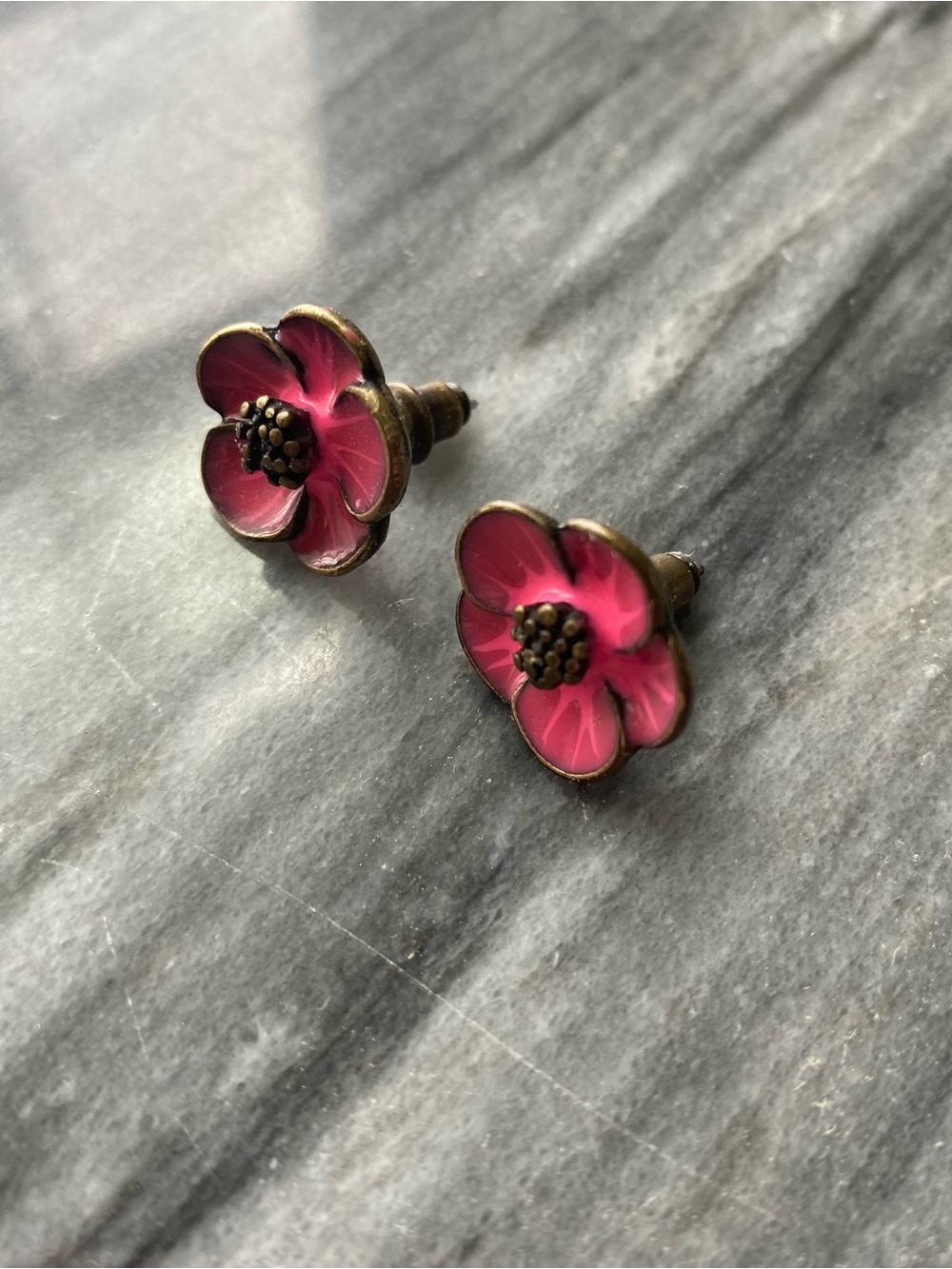 Hot Pink Enamel Flower Stud Earrings